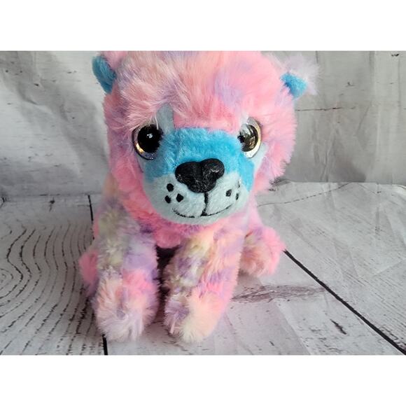 Gallerie Leopard Plush Stuffed Animal Rainbow Pink Blue Opal Eyes 6in - Picture 2 of 7